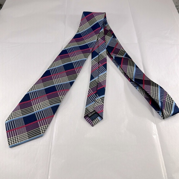 Men’s Plaid Stripe Silk Material Necktie in Blue, Red, and Gold ⭐️ EUC - Picture 1 of 8